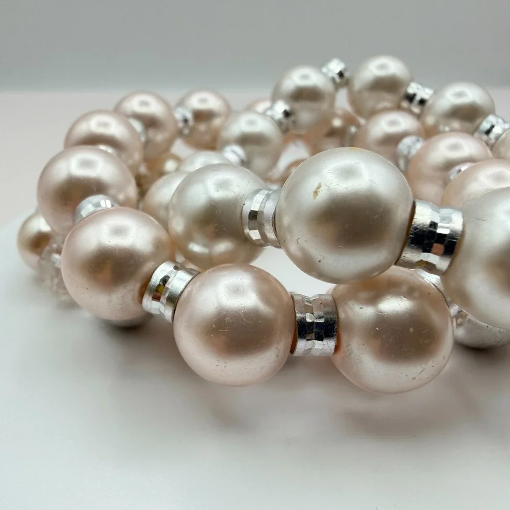Vintage Y2K Silver Tone Faux Pearl Stretch Beaded Bracelet‎ Women's Jewelry